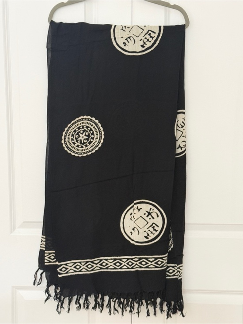Lightweight Oversized Fringe Scarf Bathing Suit Cover Black & White Tribal Print